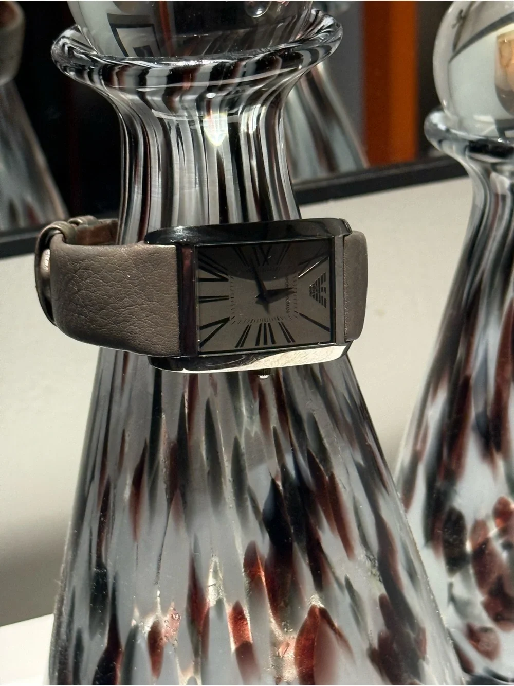 Armani Black Stainless Rectangular Roman Numeral Watch - Gray Leather Strap